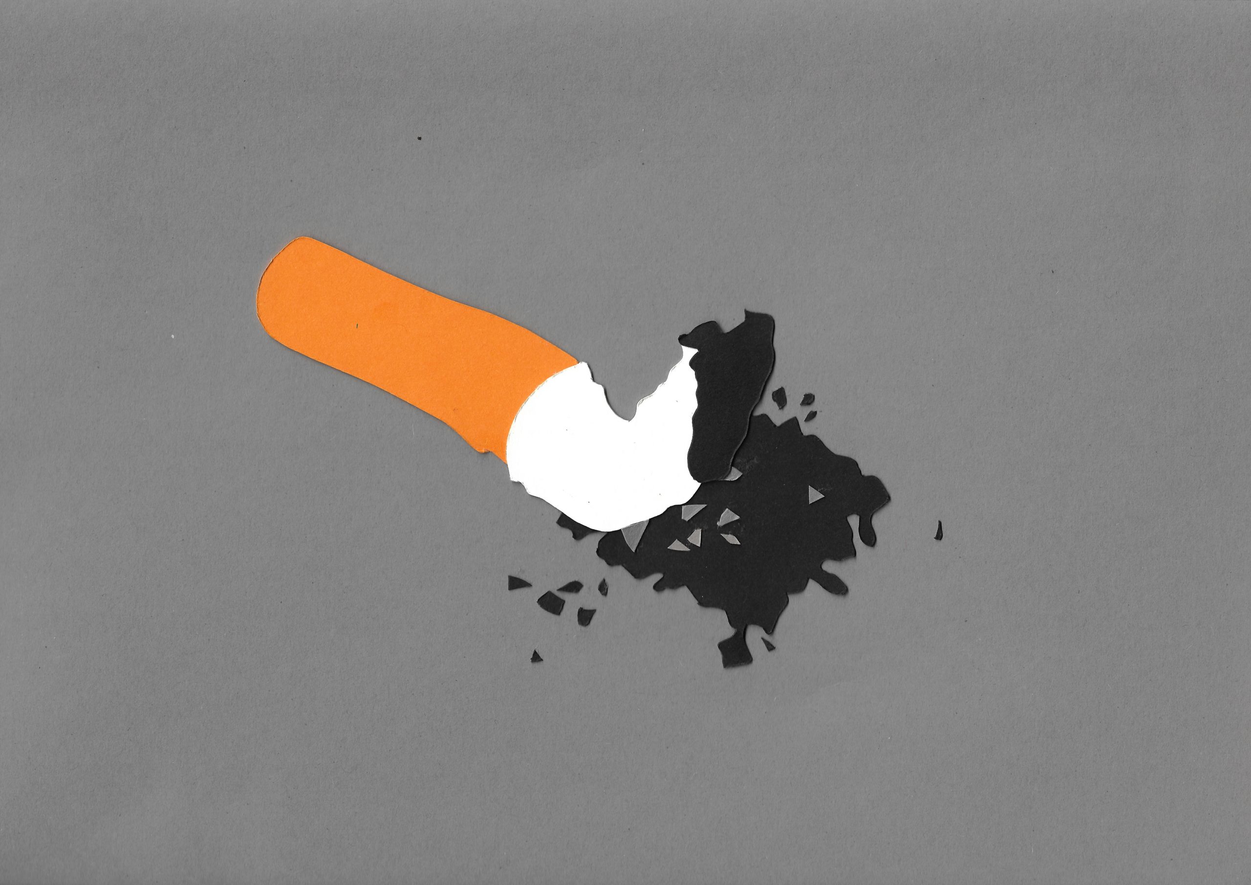 Paper cutout of a stomped-out cigarette butt.