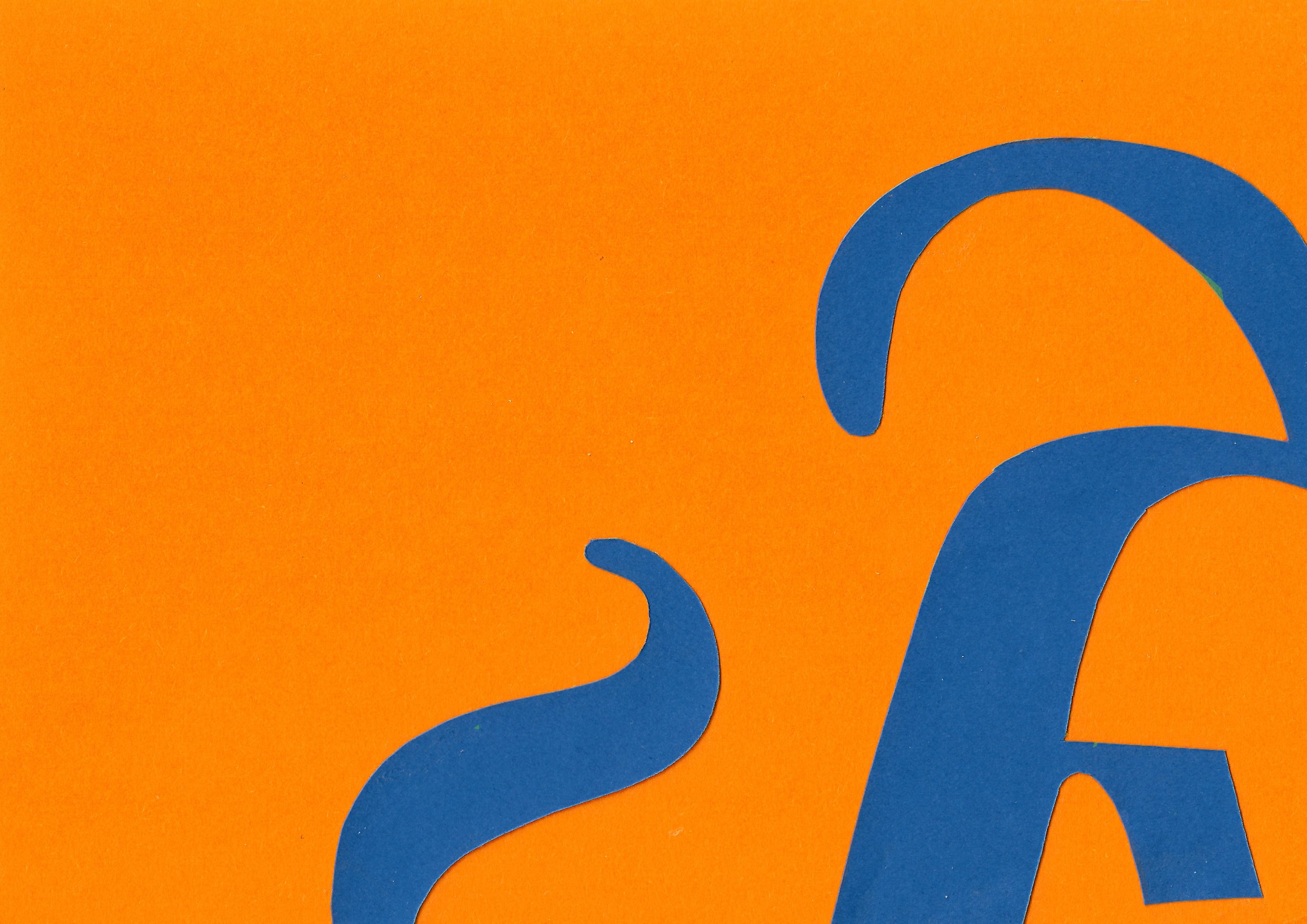 A large, blue, blackletter "F" on an orange background, made from paper cutouts.