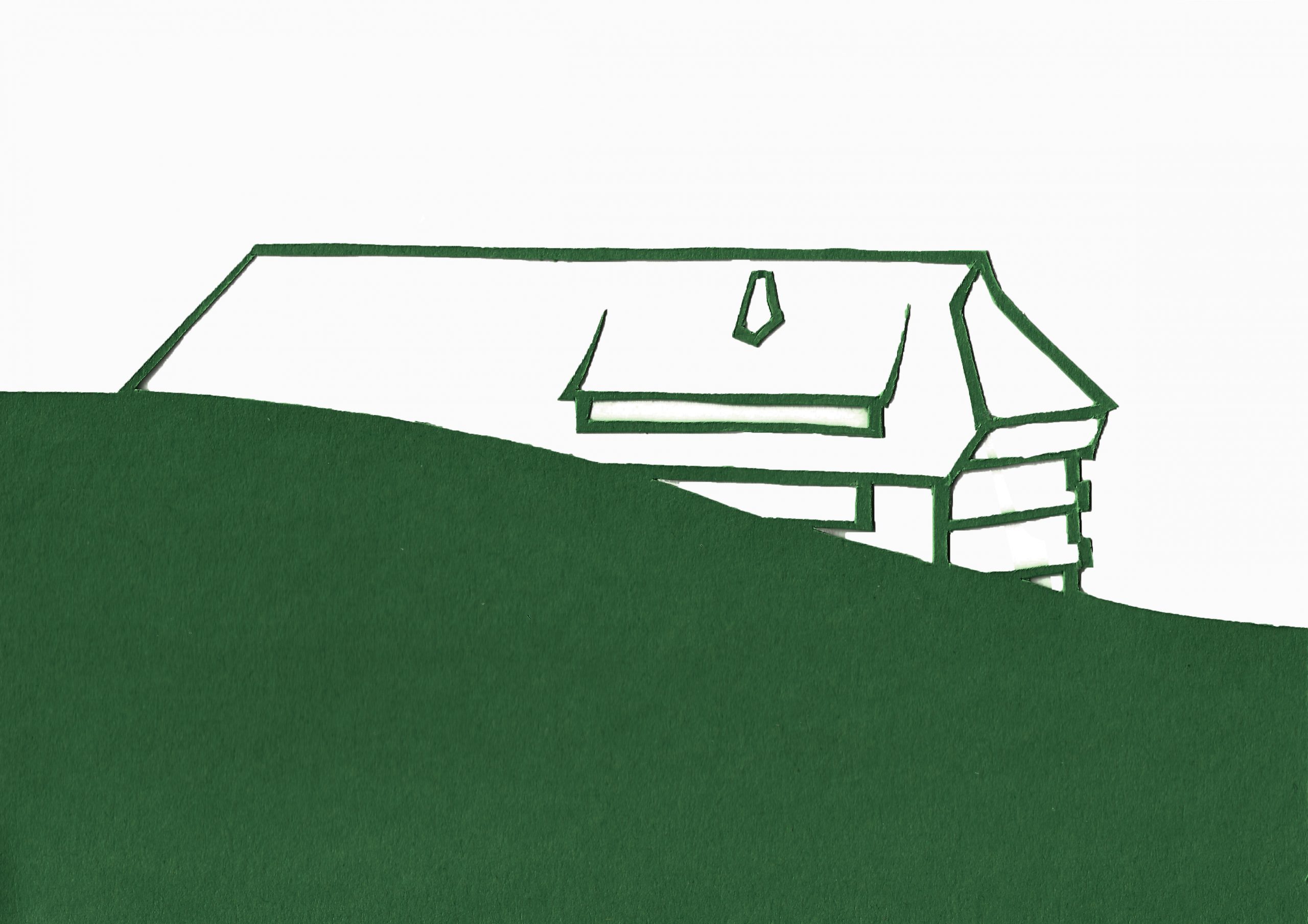The logo of the Gasthaus zum Strauß – a house silhouette behind a hill – made from paper cutouts.