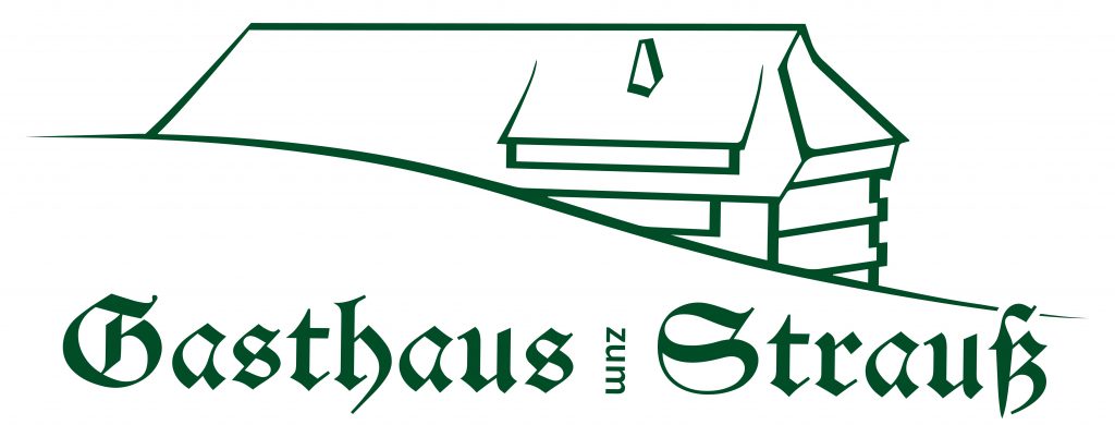 The logo of the Gasthaus zum Strauss, the silhouette of a large house half covered by a hill.